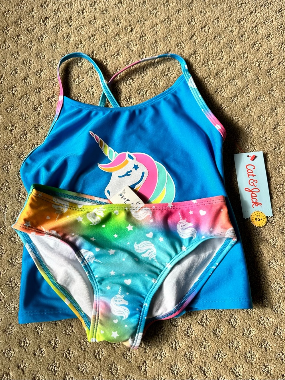 Cat & Jack Girls Rainbow Unicorn Tankini Swimsuit Set M 7/8 NWT